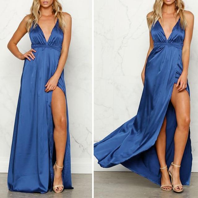 Spaghetti Strap Maxi Dress - Wrap Waist Front High Split - MomyMall BLUE / S