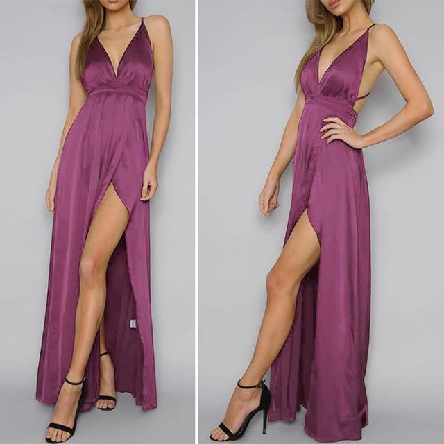 Spaghetti Strap Maxi Dress - Wrap Waist Front High Split - MomyMall PURPLE / S