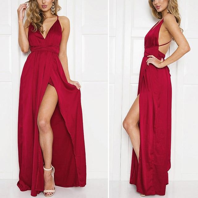 Spaghetti Strap Maxi Dress - Wrap Waist Front High Split - MomyMall RED / S