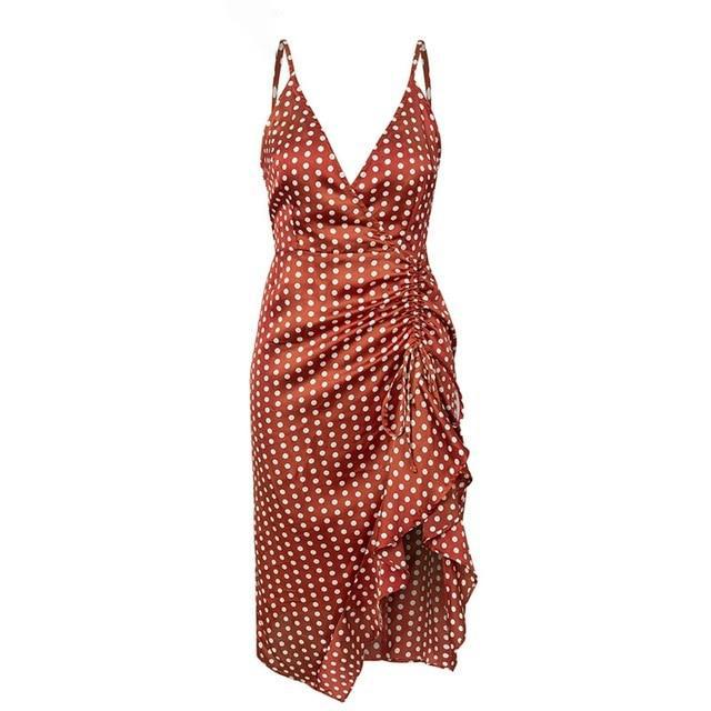 Polka Dot Asymmetrical Midi Wrap Dress with Ruffles - MomyMall RED / S
