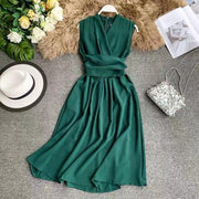 Empire Line Midi Dress - Wrap Waist - Sleeveless Dress