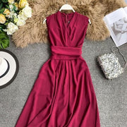 Empire Line Midi Dress - Wrap Waist - Sleeveless Dress