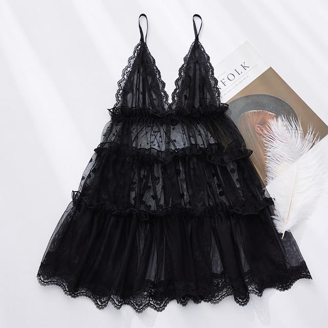 Mesh Tiered Babydoll Nightie - MomyMall BLACK / ONE SIZE