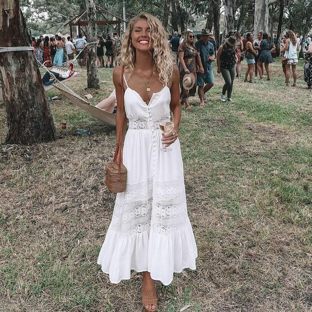 White Lace Summer Dress with Cut-Out Back by MomyMall