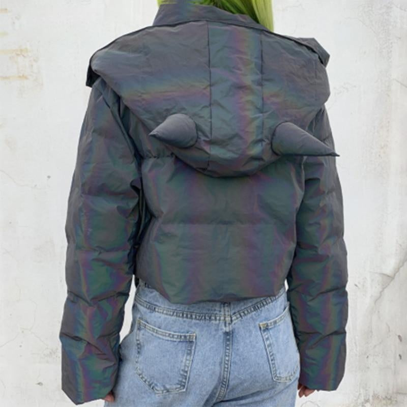 Reflective Puffer Jacket With Ears Hood