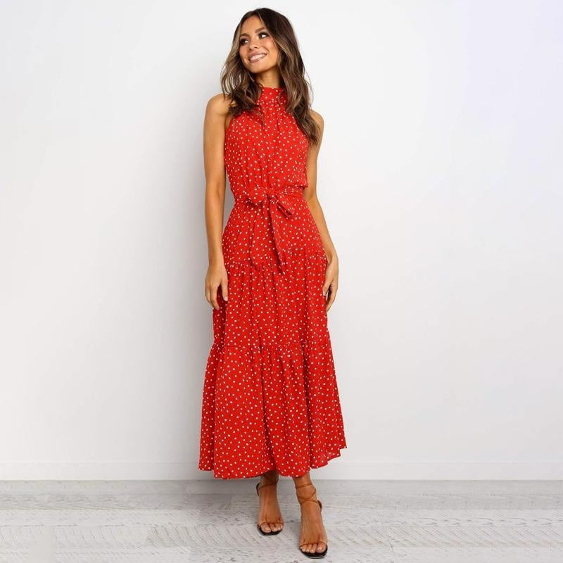 High Neck Polka Dot Summer Midi Dress - Tiered Sleeveless Dress