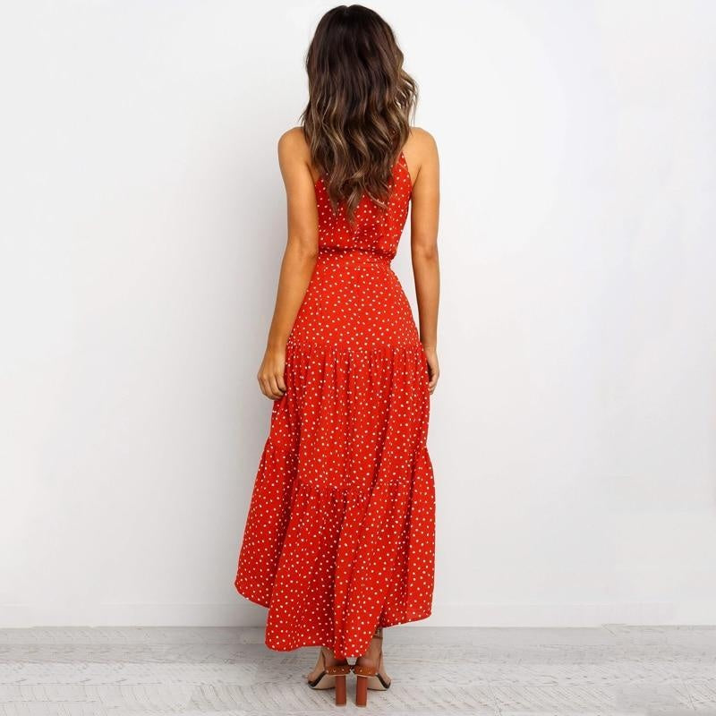 High Neck Polka Dot Summer Midi Dress - Tiered Sleeveless Dress