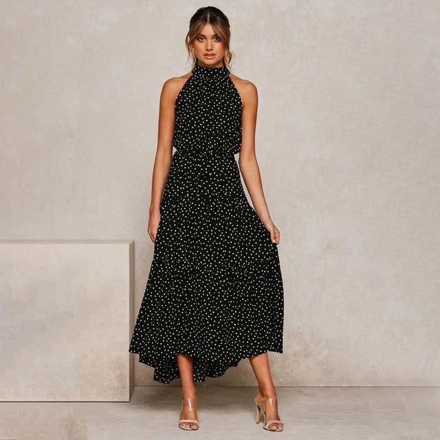 High Neck Polka Dot Summer Midi Dress - Tiered Sleeveless Dress