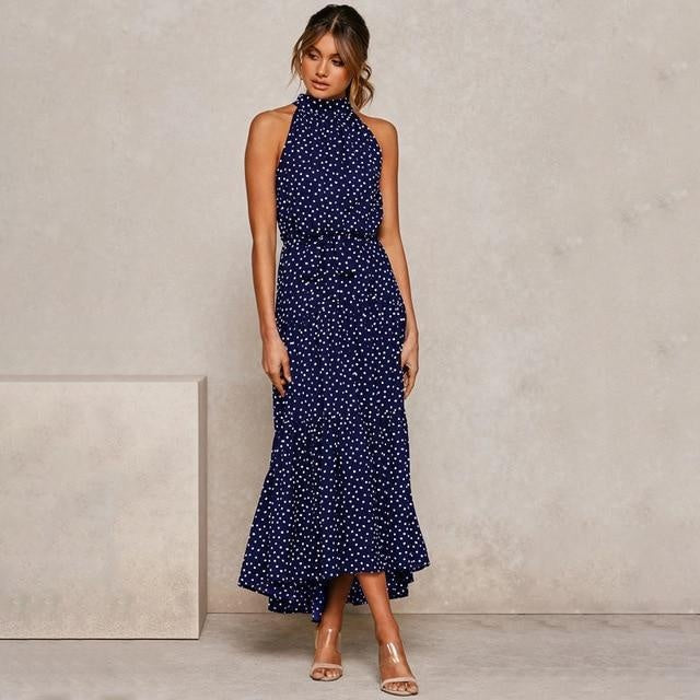 High Neck Polka Dot Summer Midi Dress - Tiered Sleeveless Dress