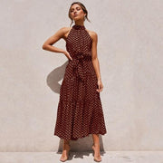 High Neck Polka Dot Summer Midi Dress - Tiered Sleeveless Dress