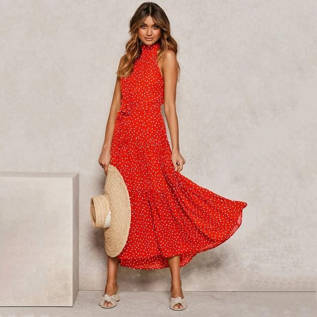 High Neck Polka Dot Summer Midi Dress - Tiered Sleeveless Dress