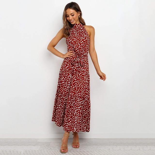 High Neck Polka Dot Summer Midi Dress - Tiered Sleeveless Dress