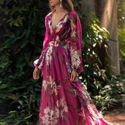 Plus Size Floral Print Chiffon Summer Maxi Dress With Long Sleeves - MomyMall