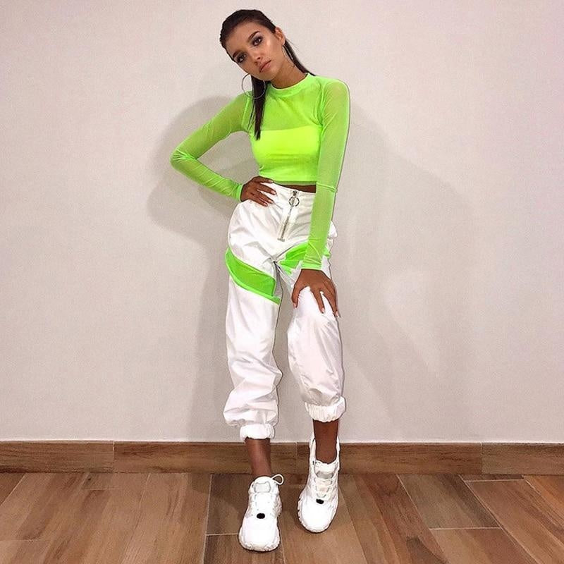 High Waist Joggers With Zip Front & Neon Stripe