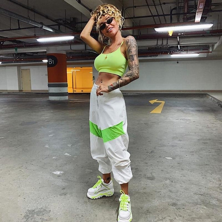 High Waist Joggers With Zip Front & Neon Stripe