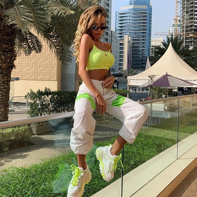 High Waist Joggers With Zip Front & Neon Stripe