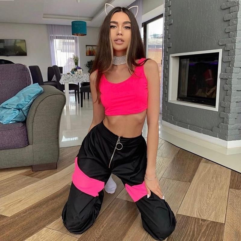 High Waist Joggers With Zip Front & Neon Stripe