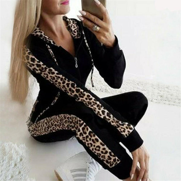 Leopard Print 2 Piece Loungewear Tracksuit Set - Hoodie With Trousers Co-Ord - MomyMall BLACK / S