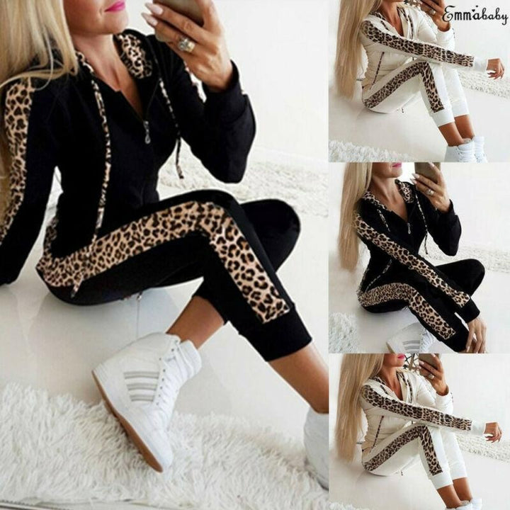 Leopard Print 2 Piece Loungewear Tracksuit Set - Hoodie With Trousers Co-Ord - MomyMall