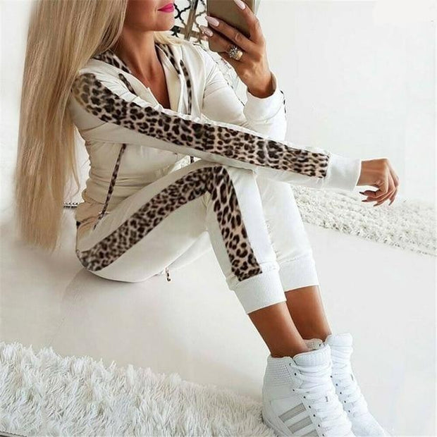 Leopard Print 2 Piece Loungewear Tracksuit Set - Hoodie With Trousers Co-Ord - MomyMall WHITE / S