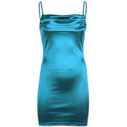 Spaghetti Strap Satin Bodycon Mini Dress - MomyMall BLUE / S