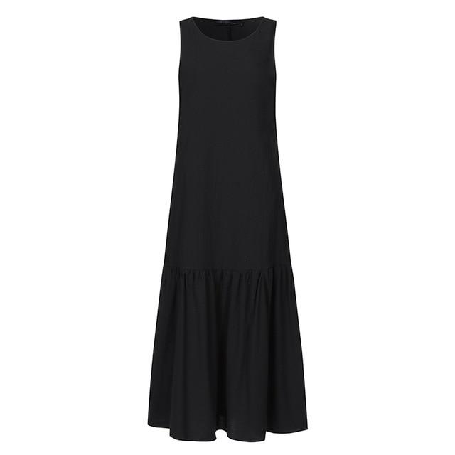 Long Summer Maxi Dress - Smock Ruffle Hem Dress - MomyMall BLACK / S