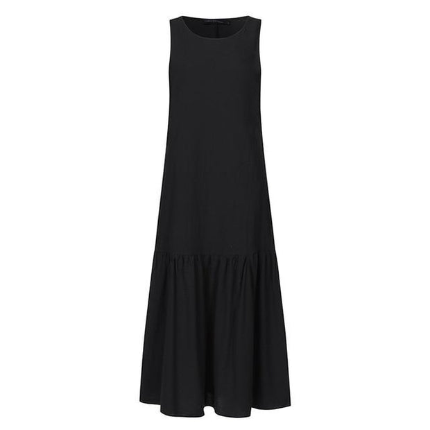 Long Summer Maxi Dress - Smock Ruffle Hem Dress - MomyMall BLACK / S