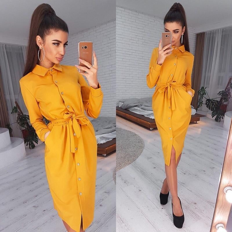 Button Up Shirt Dress - Midi Shirt Dress With Belt - MomyMall YELLOW / S