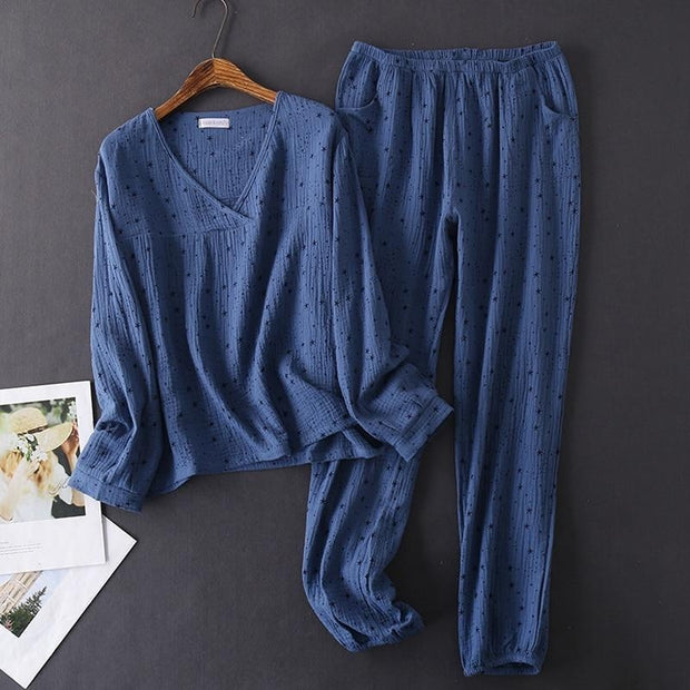 Textured Cotton Long-sleeved Pyjamas - MomyMall BLUE / S