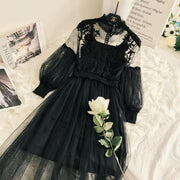 Flower Lace Dress - Lantern Sleeve Broderie Dress - MomyMall BLACK / S