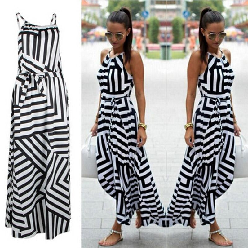 Striped Maxi Dress - Sleeveless Asymmetrical Dress