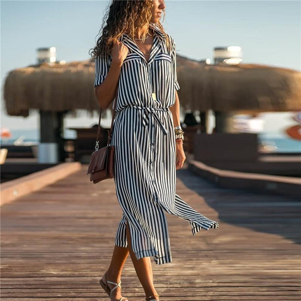 Colorful Stripe Shift Dress - Buttoned Shirt Dress - MomyMall BLACK/WHITE / S