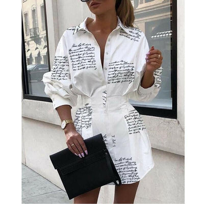 Letter Print Button Up Shirt Dress - Turn Down Collar - Mini Dress