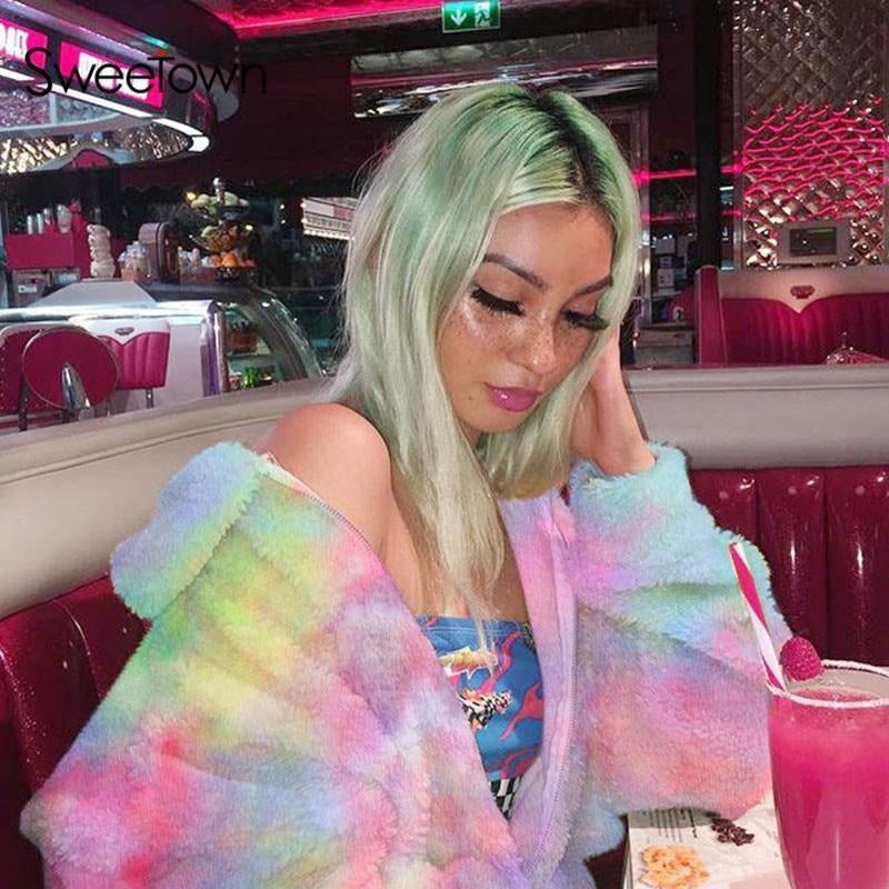 Rainbow Faux Fur Fluffy Jacket - Multicolour