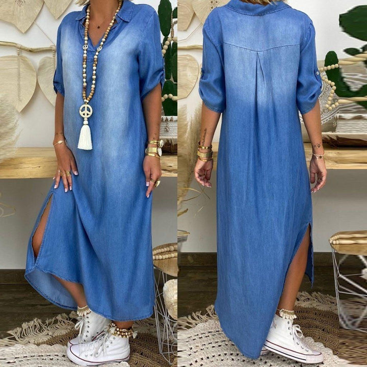 Plus Size Denim V-neck Maxi Dress With 3/4 Sleeves - MomyMall