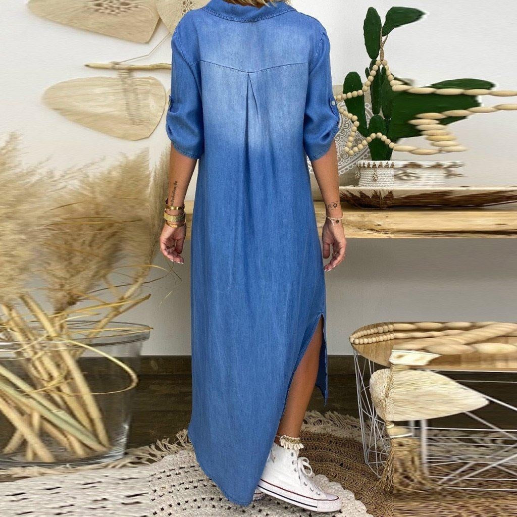 Plus Size Denim V-neck Maxi Dress With 3/4 Sleeves - MomyMall