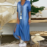 Plus Size Denim V-neck Maxi Dress With 3/4 Sleeves - MomyMall BLUE / M