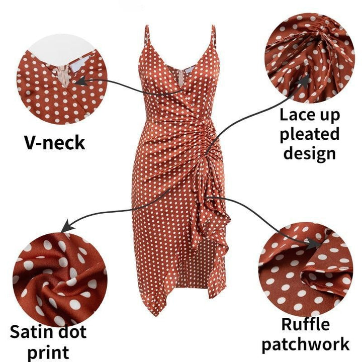 Polka Dot Asymmetrical Midi Wrap Dress with Ruffles - MomyMall