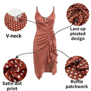 Polka Dot Asymmetrical Midi Wrap Dress with Ruffles - MomyMall