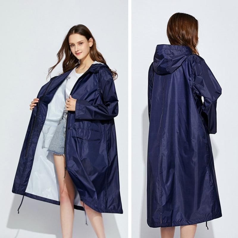 Long Waterproof Raincoat With Hood and Zip Closure