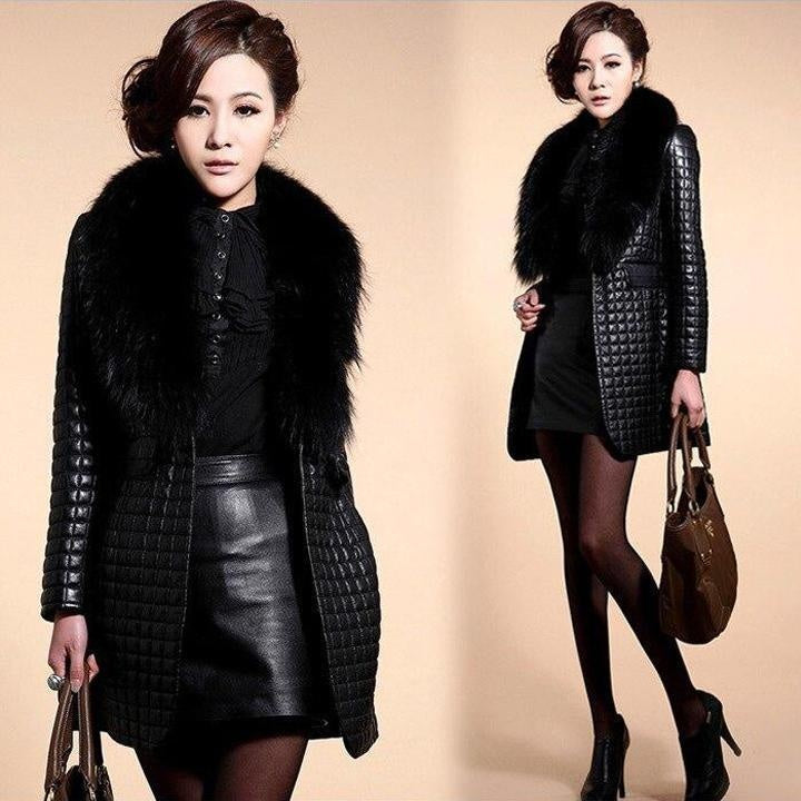 Mid Thigh Faux Leather Jacket With Large Faux Fur Collar