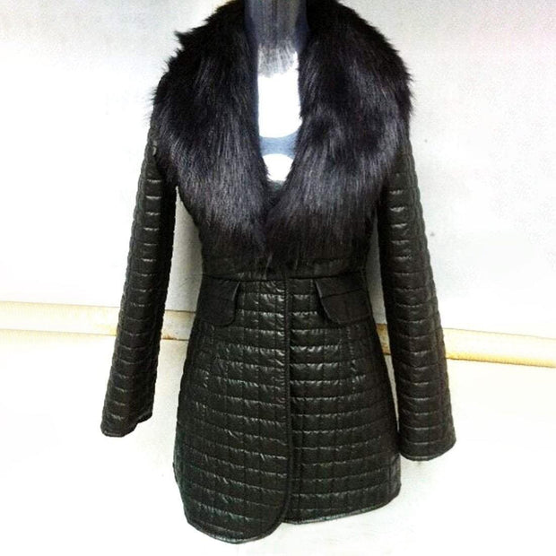 Mid Thigh Faux Leather Jacket With Large Faux Fur Collar
