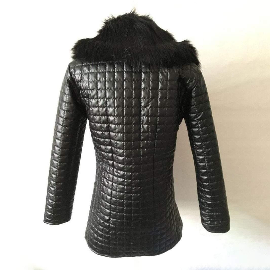 Mid Thigh Faux Leather Jacket With Large Faux Fur Collar