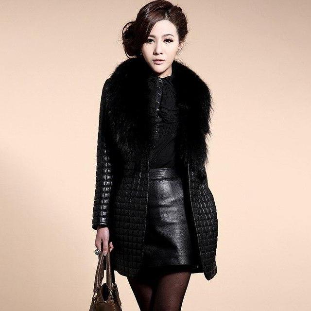 Mid Thigh Faux Leather Jacket With Large Faux Fur Collar