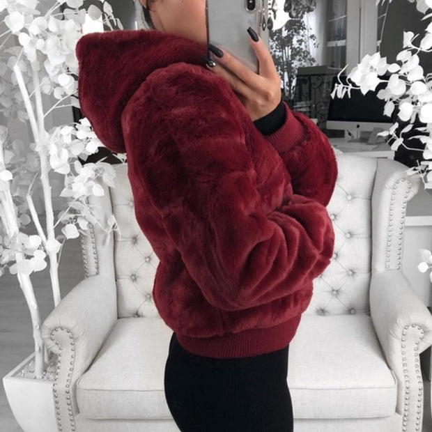 Faux Fur Zip Up Bomber Jacket with Hood