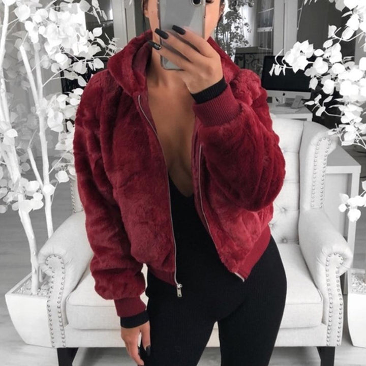 Faux Fur Zip Up Bomber Jacket with Hood
