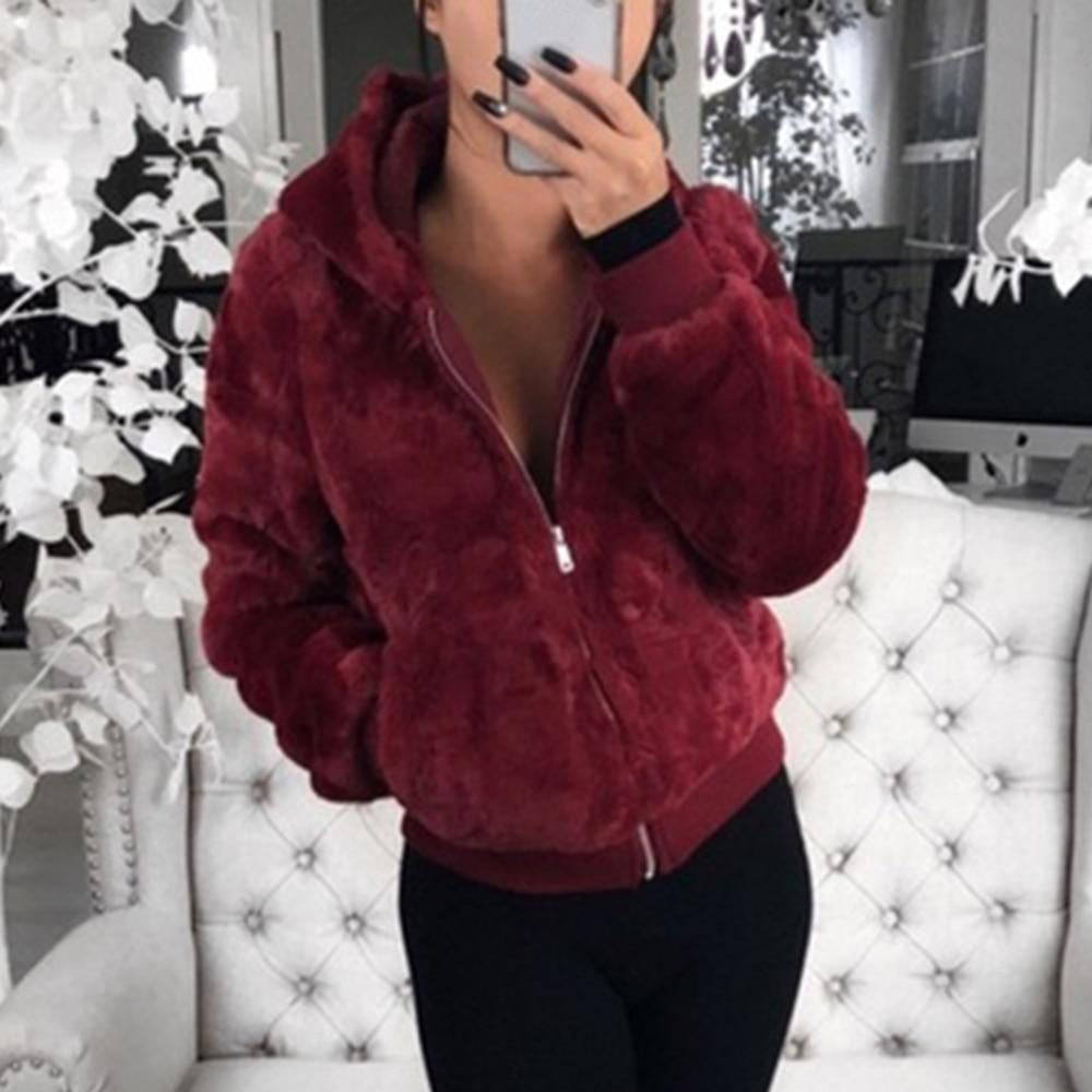 Faux Fur Zip Up Bomber Jacket with Hood