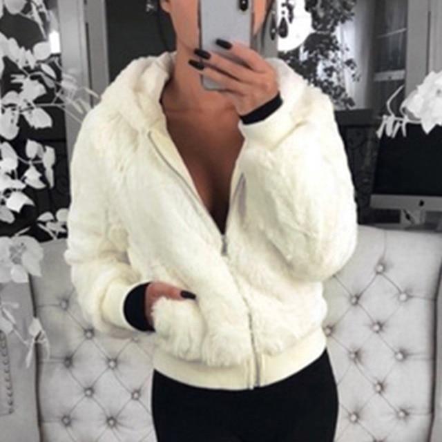 Faux Fur Zip Up Bomber Jacket with Hood