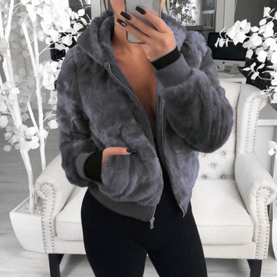 Faux Fur Zip Up Bomber Jacket with Hood