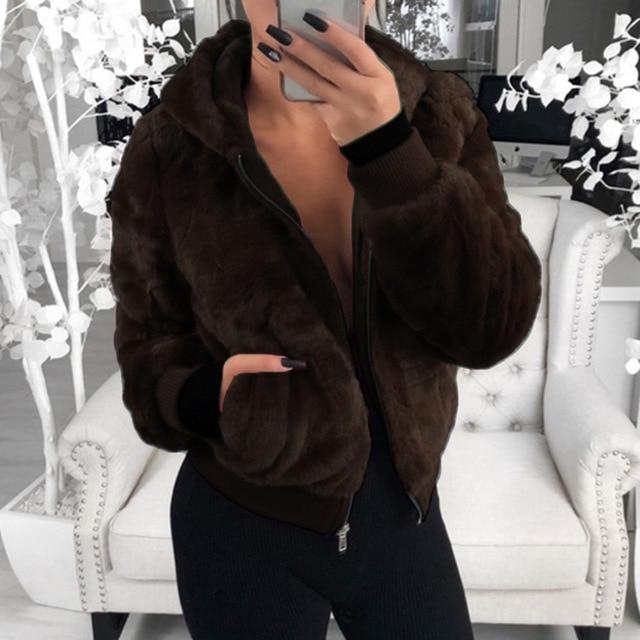 Faux Fur Zip Up Bomber Jacket with Hood